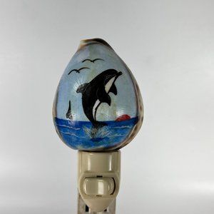Vtg Cowrie Dolphin Night Light Natural Shell Carved Painted Collectible